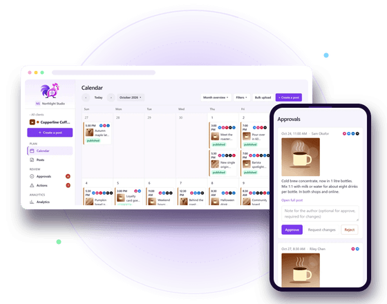 The PostRoost calendar on a laptop and the approvals list on a phone, with demo data