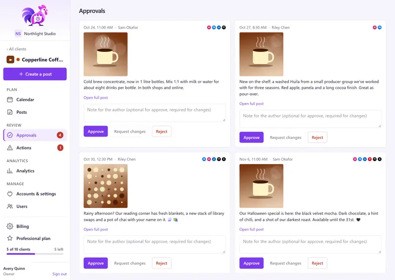 PostRoost approvals list showing four posts waiting for review, each with image, caption, author, target networks and Approve, Request changes and Reject buttons.