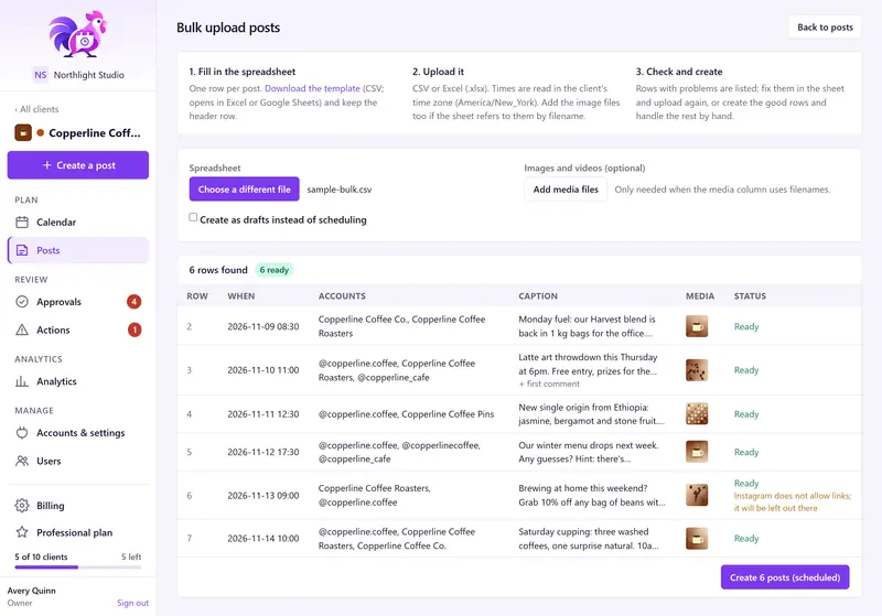 PostRoost bulk upload page with a CSV of six posts validated: each row shows date, accounts, caption, media thumbnail and Ready status, with a button to create six scheduled posts.