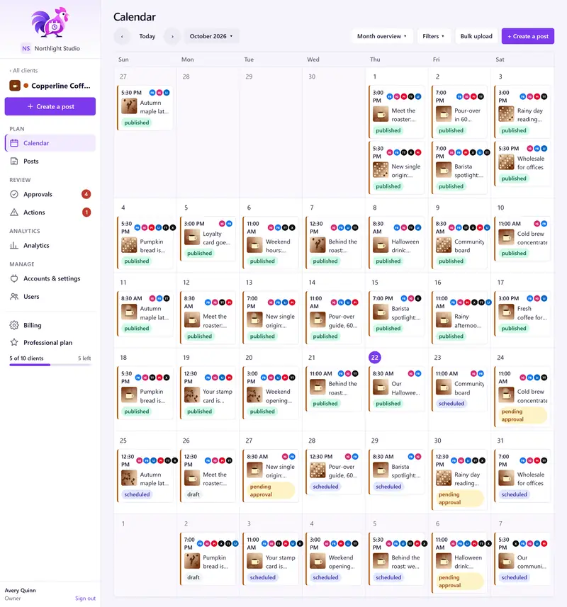 PostRoost calendar month view for October 2026 for a coffee shop client, with posts on most days showing time, thumbnail, network icons and published, scheduled, draft or pending approval status.