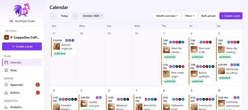 PostRoost calendar for a coffee shop client: the first weeks of October 2026 with several posts a day, each showing time, image, target networks and status.