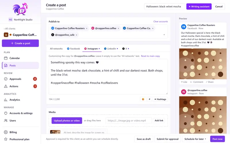 PostRoost post composer with Facebook, Instagram, LinkedIn and X accounts selected, a custom Instagram caption in the per-network tabs, and live Facebook and Instagram previews.