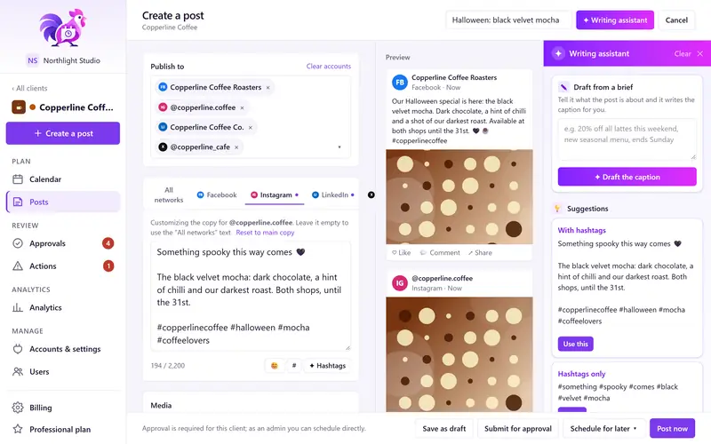 PostRoost post composer for the demo client Copperline Coffee with the Writing assistant panel open beside the Instagram caption and live previews, showing a Draft from a brief box and hashtag suggestions with a Use this button.